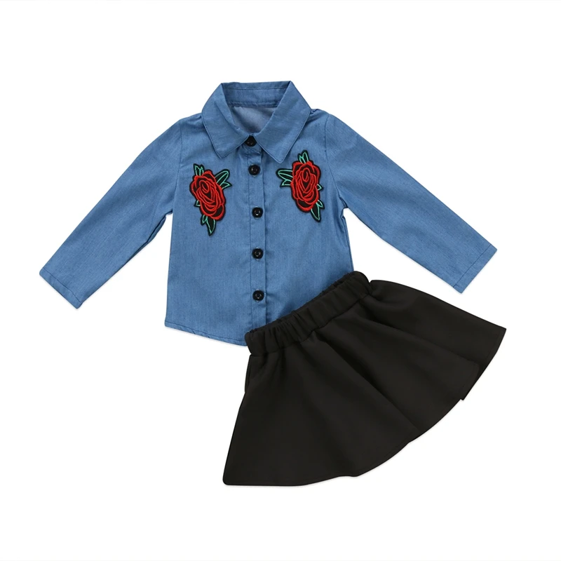 

Baby Girl Clothes Sets Spring Floral Girls Skirt Kids Baby Girls Outfits Flower Clothes Denim Shirt Tops +Tutu Skirt