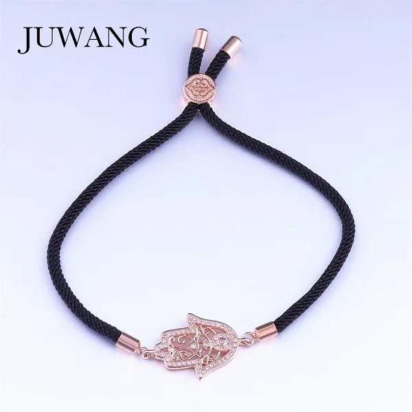 JUWANG,, золотой цвет, рука Хамса, женский браслет с шармом, для женщин, регулируемый, на удачу, красный/черный, на веревке, браслеты, ювелирное изделие, подарок - Окраска металла: rose gold-black