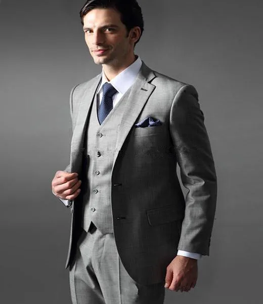 Men Suit Fashion Grey Two Button Notch lapel Groom TuxedosBestMan Groomsmen Prom Suits Men Wedding Suits(Jacket+Pants+vest+Tie)