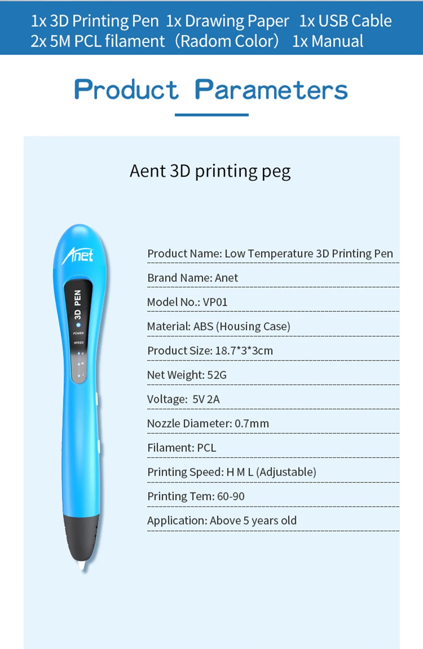 Anet, новинка, 3D Ручка для печати, 3 цвета, l, с 2 рулонами, нить, низкая температура, подарок на день рождения, Детская гелевая ручка 3D