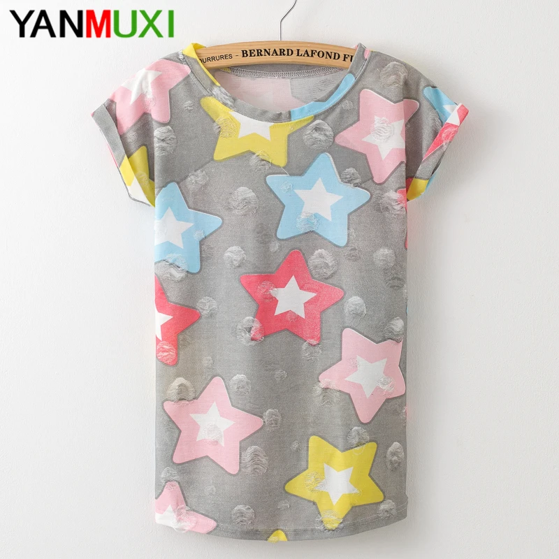2017 женщин плюс размер отверстие футболка дамы короткий рукав звезда печати