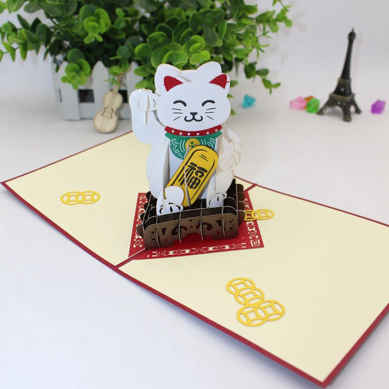 3D лазерная открытка ручной работы гравировка счастливая Милая японская кошка