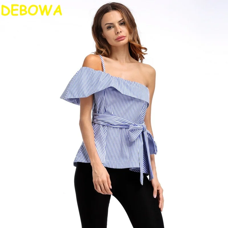 Debowa 2018 новые модные женские топы Сексуальная рубашка с одним плечом полосатая