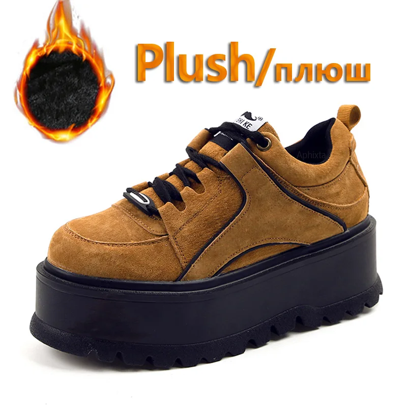 Brown-Plush Aphixta/Зимние ботильоны на платформе со шнуровкой; женские ботинки; Высококачественная женская обувь, увеличивающая рост; модные ботинки из коровьей замши - Цвет: Brown-Plush