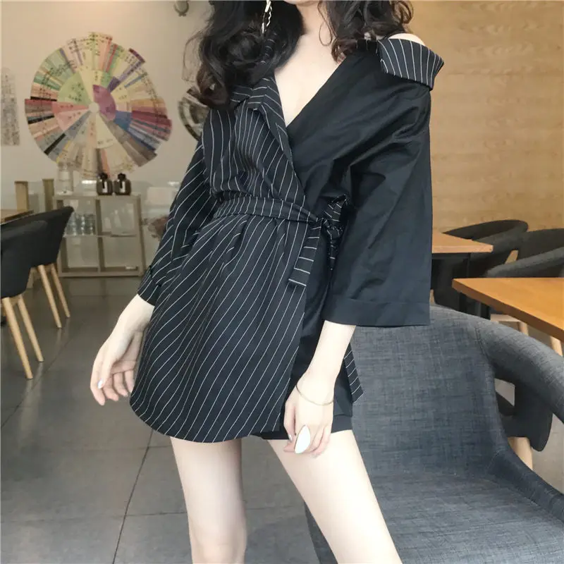 Женская Асимметричная рубашка в полоску костюм с воротником и поясом уличная