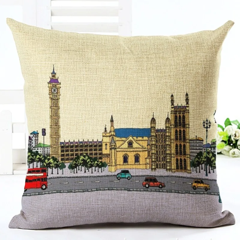 

European Style Famous Building Printed Cushion Cover Cotton Linen Square Cartoon Houseware Throw Pillow Case Almofadas Cojines
