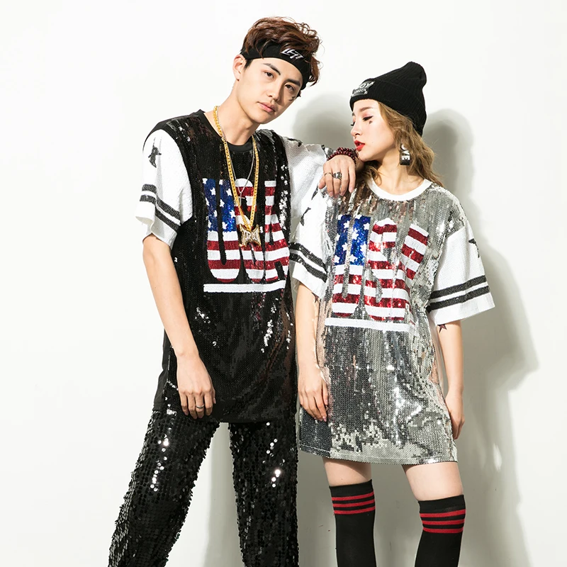 New adult sequin jazz men's modern dance costumes hip-hop loose t - shirt ds performance clothing | Тематическая одежда и