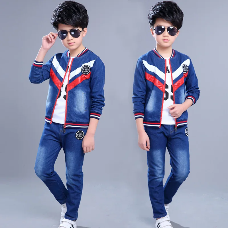 

Spring and sutumn baby boys' body suit fashion kids boy denim Baseball collar caot + jeans clothing set children's clothing set