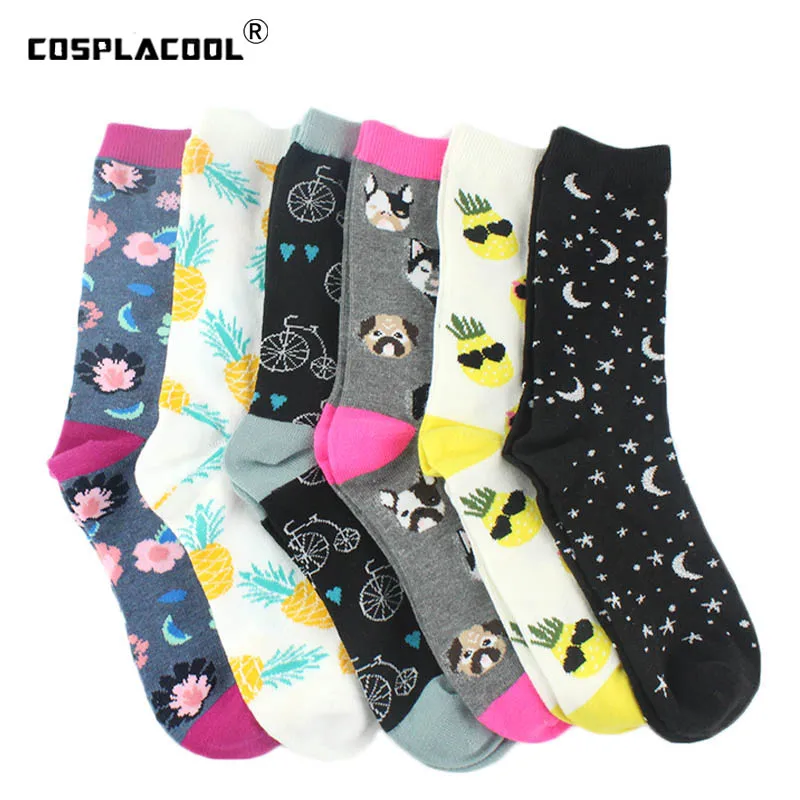 [COSPLACOOL] классные смешные носки Харадзюку для женщин Ананас Мопс Новинка Sokken чесаные хлопчатобумажные забавные носки Мультяшные жаккардовые носки