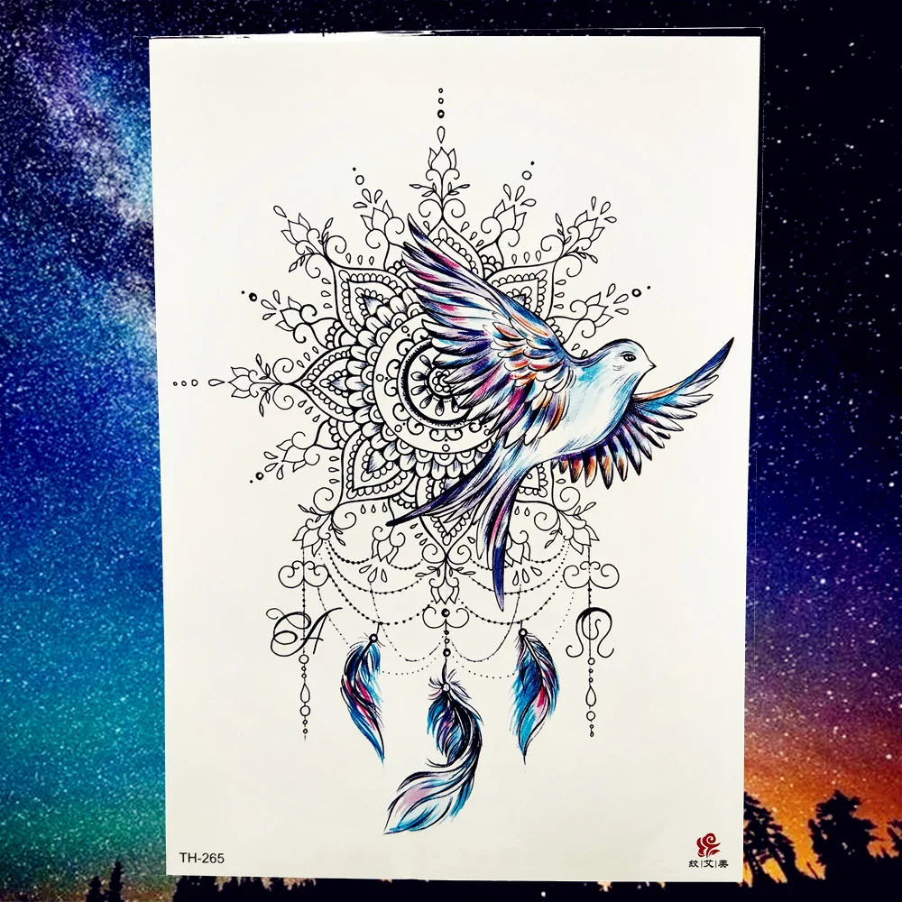 Мира Gigeon в стиле «Ловец снов»; серьги Henna Mandala цветов и птиц Тотем временная татуировка Стикеры перо Водонепроницаемый татуировки, боди-арт поддельные татуировки