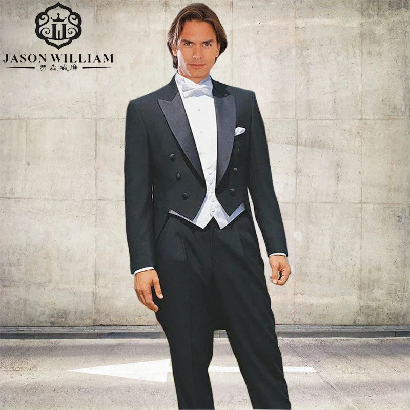 LN005 2017 классические Стиль черные атласные фрак смокинг для жениха дружки костюм