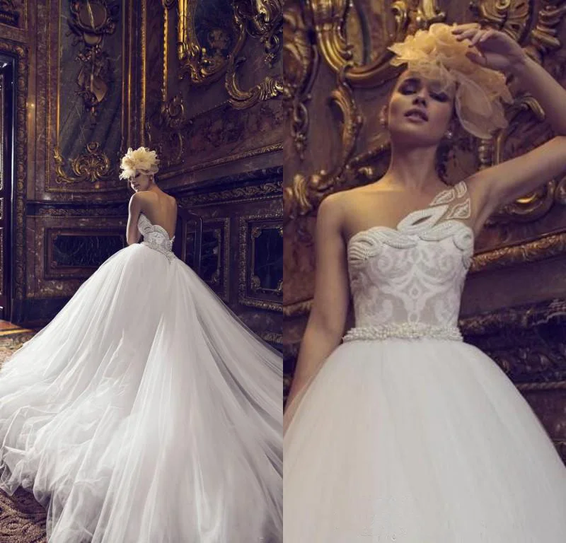 Robe de mariage 2017 Свадебные Платья Кружева Одно Плечо Бисероплетение Жемчуг Sash Тюль