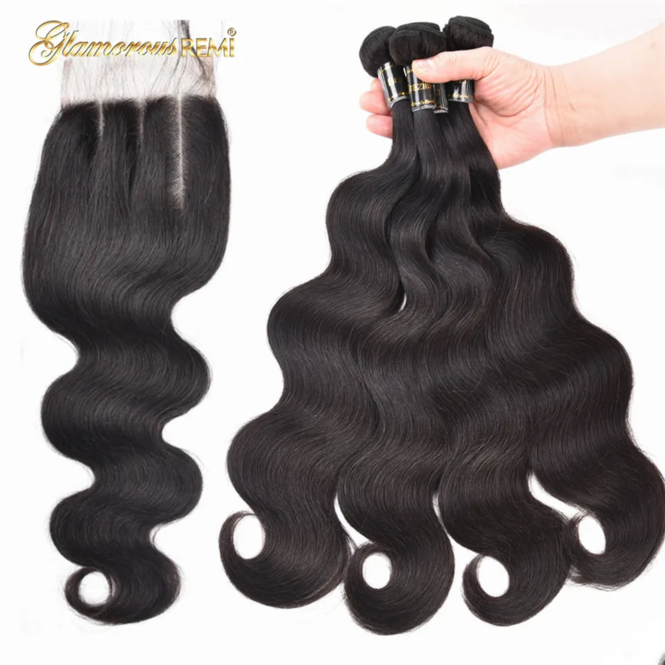 Brazilian Body Wave 4 Bundles with Lace Closures Hair Weaves 100% Human Remy Closure Extension Natural Color |