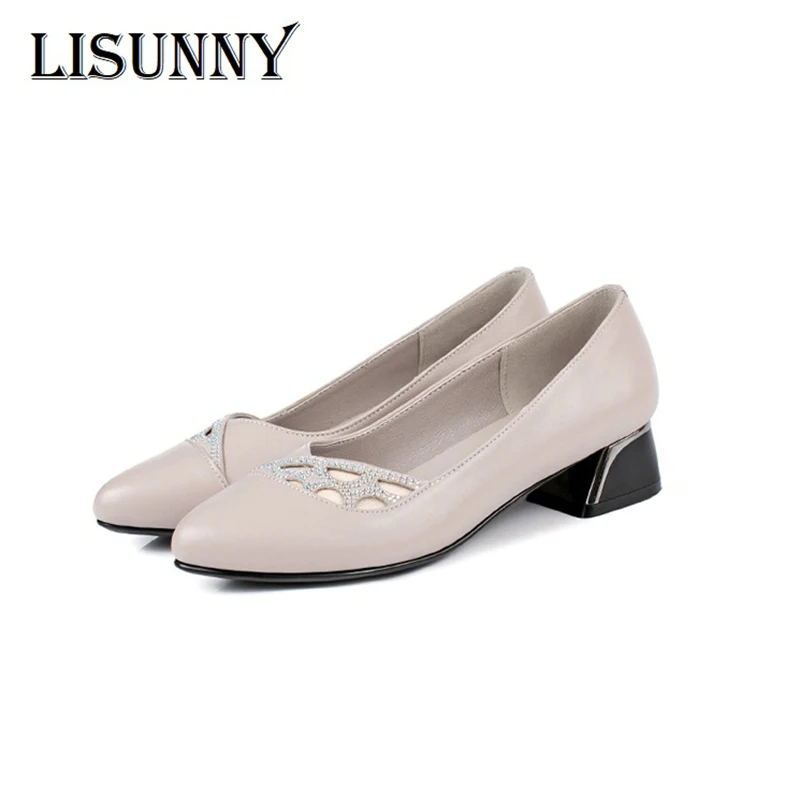 

LISUNNY Women Pumps Lady Hollow Shoes 2021 New Fashion Genuine Leather Mid Heel Female Shoes Casual Sandals large size 35-43