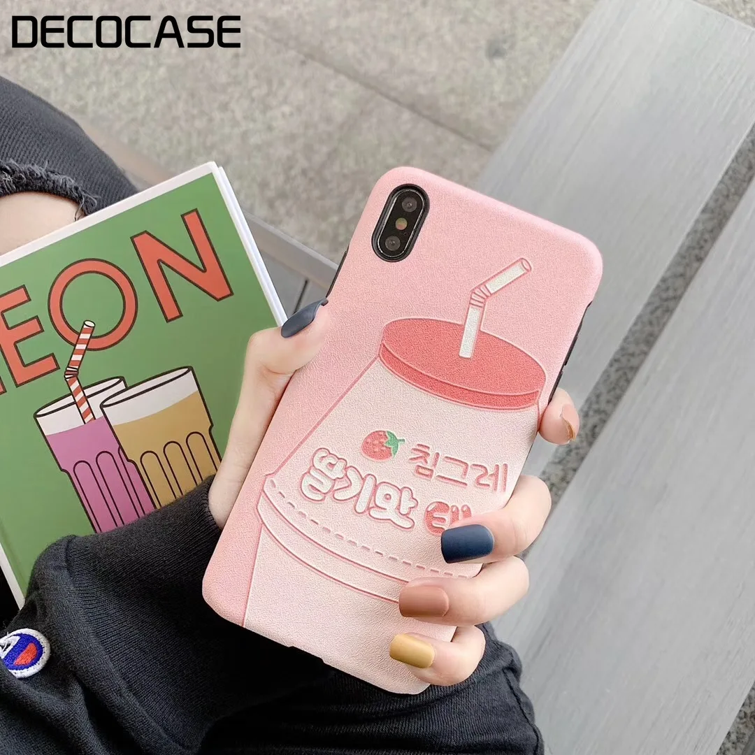 DECOCASE Lovely Korean Strawberry Milk Bottle Printing Girls Women Phone Cases for iPhone 6 6s 7 8 Plus X XR XS Max Covers Gifts |
