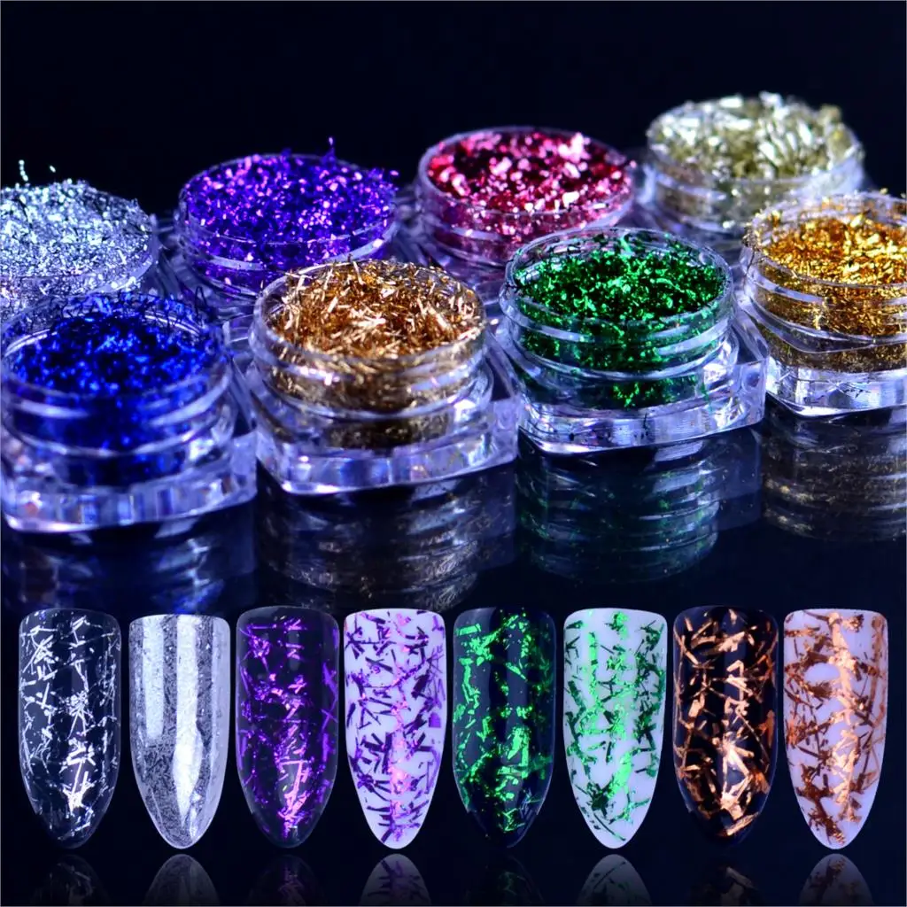 

2022 New Nail Art DIY Glitter Aluminum Foil Flakes Silk Stripes Sequins Magic Effect Chrome Mirror Powder Charm 10 Colors