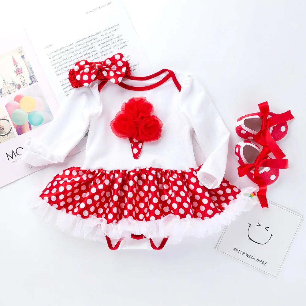 Newborn Baby Long Sleeve Polka Dot Mesh Tutu Bodysuits Princess Party Christening Baptism Jumpsuits 3Pcs Clothes |