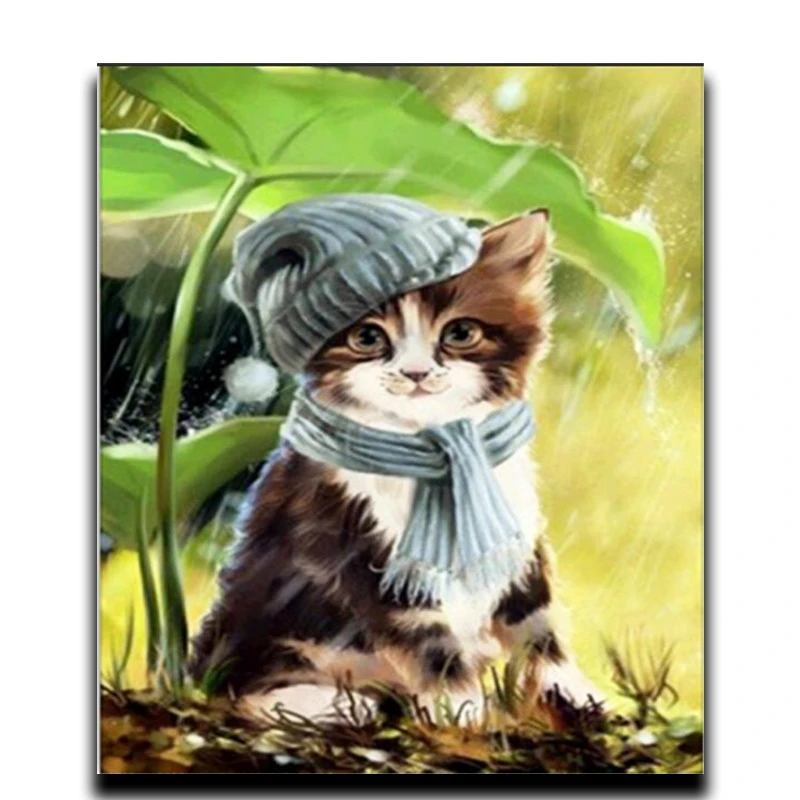 

Cat Painting Diamond DIY Diamond Animal Embroidery 5 Diamond Round Mosaic Photos full of crystals Kitten hiding from the rain