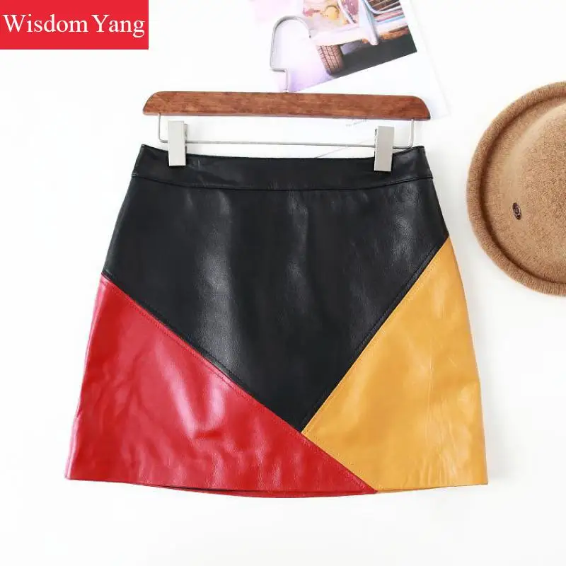 Autumn Patchwork Real Sheepskin Genuine Leather Skirts Womens High Waisted Mini Club Sexy Party Ladies Aline Wrap Skirts