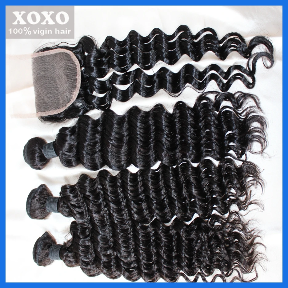 Малайзийские Девственные пучки Волосков глубокая волна с Закрытием