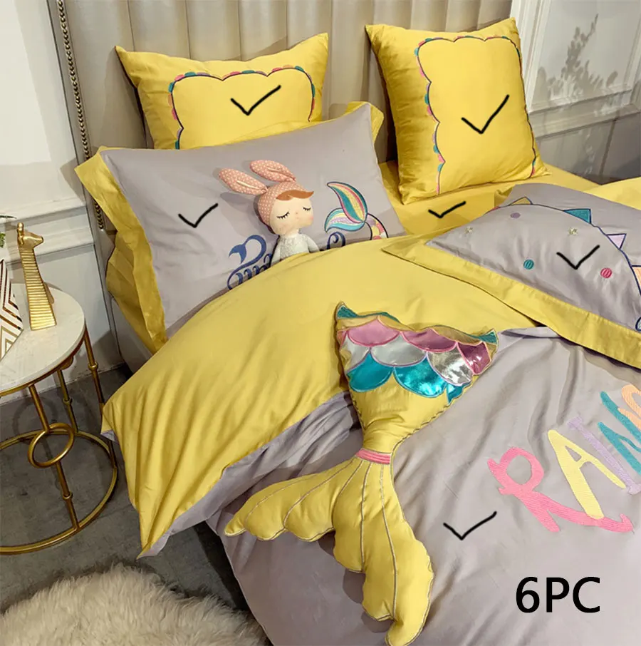 6pc Прекрасный мультфильм Постельное белье Русалочка комплект подросток ребенок малыш, полный королева король хлопок двойной Домашний текстиль кровать простыня, наволочка пододеяльник - Цвет: 6pc