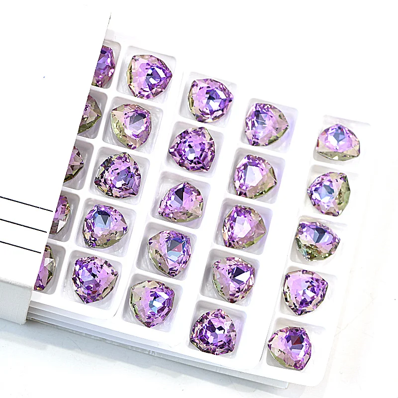 12mm High Quality Sew On Claw Rhinestone Vitrail Light Fat Tri-angle Glass Sewing Rhinestone with Silver Claw For Garment F0069