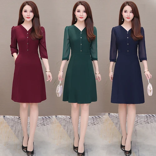 Женское шифоновое платье с V образным вырезом Элегантное однобортное облегающее