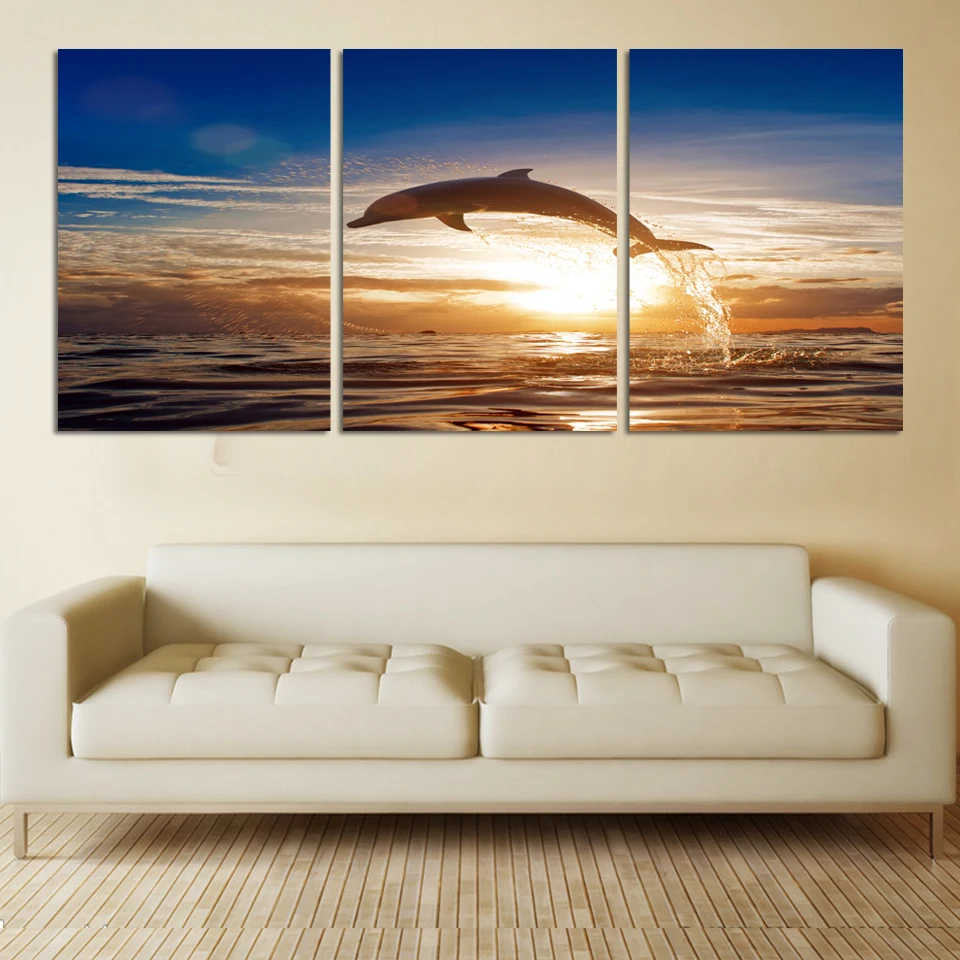3Pcs Seascape paintings sunset Playful Dolphins Canvas Prints Wall Paintings Decorative for childern's bedroom | Дом и сад
