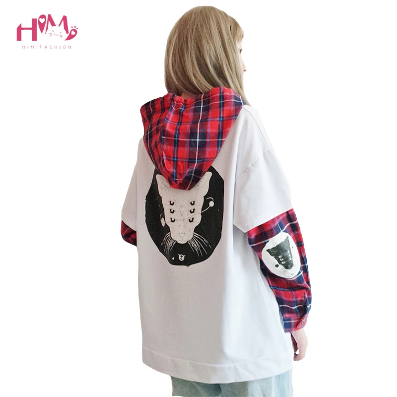 Японский милый уличный модный Женский свитшот Harajuku Kawaii Cat принт клетчатые толстовки черный спортивный костюм пуловер Женский свитшот