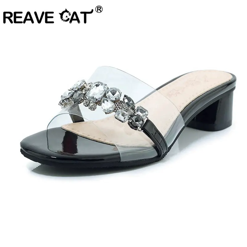 REAVE CAT/женские летние прозрачные шлепанцы со стразами на толстом каблуке женские