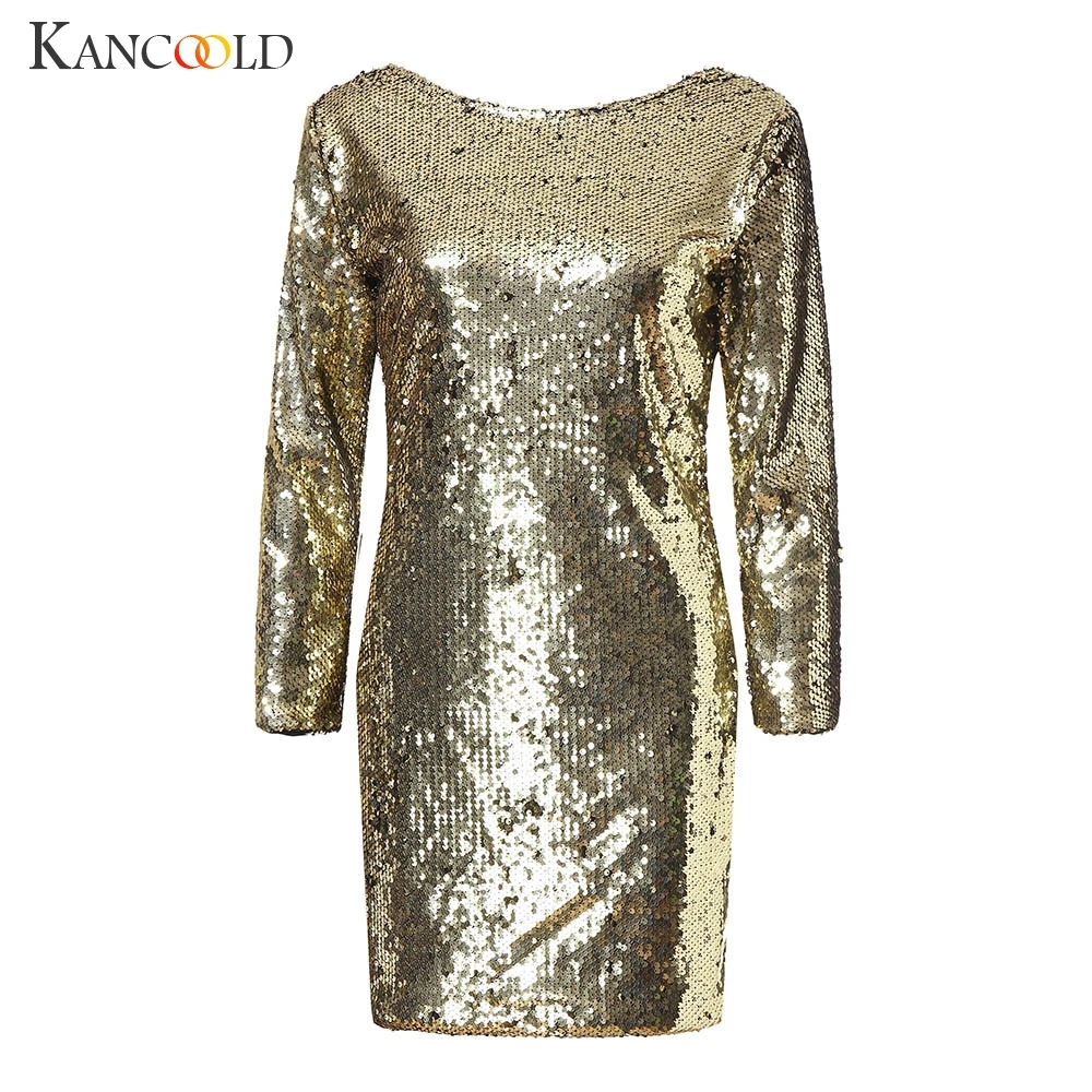 Женское платье с блестками kangcoold клубное мини футляр длинным рукавом