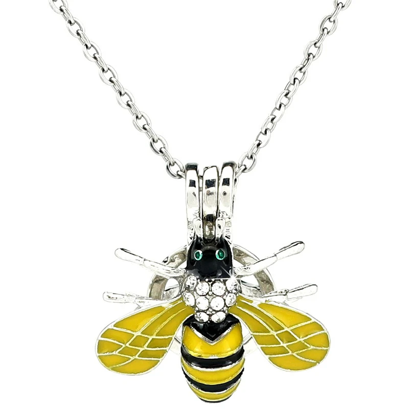 

K1056 Enamel Cute Bee Insect Rhinestone Beads Pearl Cage Pendant Chain Aroma Essential Oil Diffuser Locket Necklace