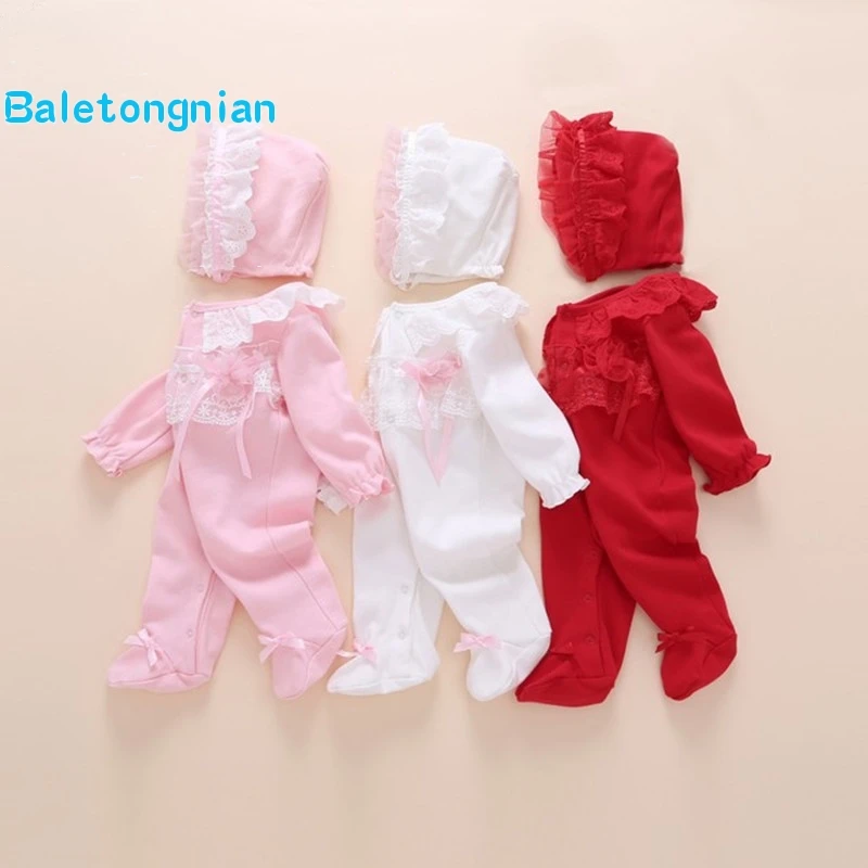 

Детский комбинезон для девочек, одежда принцессы для маленьких девочек, осенне-зимние хлопковые кружевные комбинезоны, шапки для новорожде...