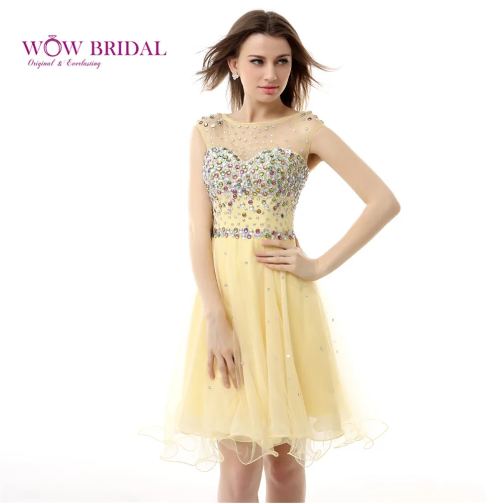 Wowbridal Yellow Chiffon Knee Length Cap Sleeves Homecoming Dress Formal Gown | Свадьбы и торжества