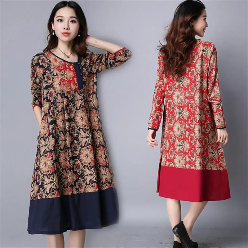 

2018 Autumn Linen Dress Women Casual Loose Vestidos O Neck Boho Cotton Linen Long Maxi Shirt Vintage Dresses Plus Size,WH0201