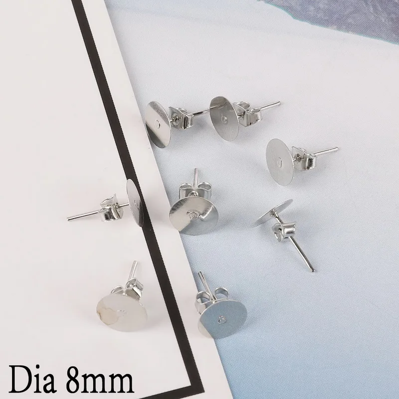 8mm 100 sets Silver 100 шт./лот 4/6/8 мм Серебристые/золотистые туфли на плоской подошве с круглым носком, Pad и серьги-гвоздики из плоское основание шпильки настройки DIY серьги ювелирных изделий Изготовление - Цвет: 8mm 100 sets Silver