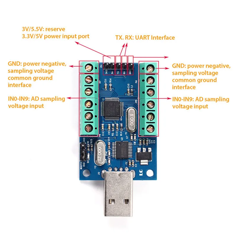 USB 10 канальный 12Bit AD Модуль сбора данных STM32 UART модуль АЦП один Порты и разъёмы