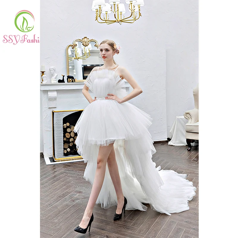 Женское свадебное платье со шлейфом SSYfashion белое короткое Кружевное с открытой