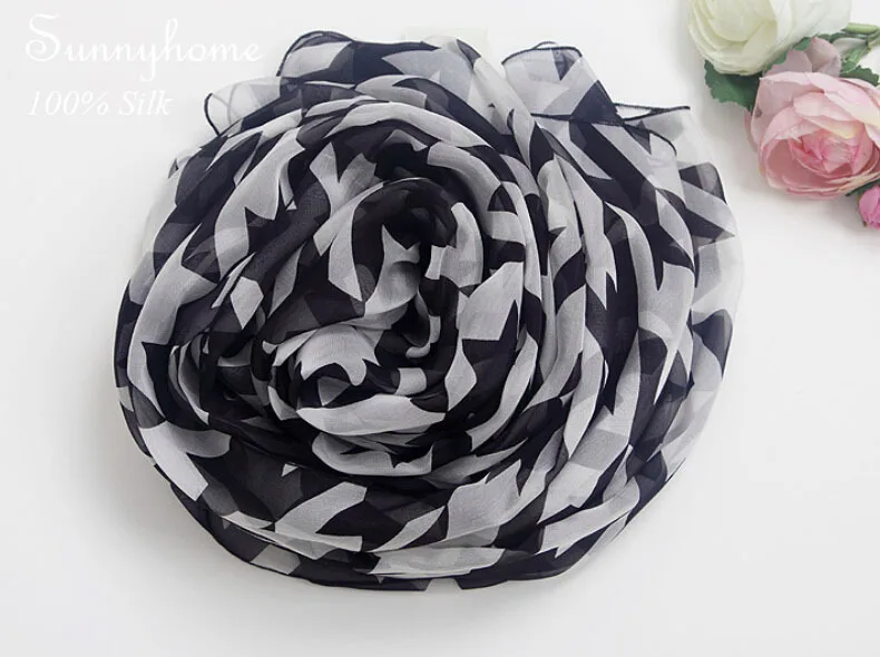 Шарф poppy Hijab лето 2016 100% чистый черный белый клетчатый Шелковый корейский шарф