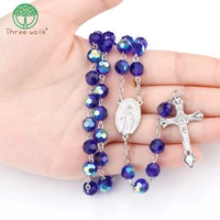 top quality dark blue glass beads catholic rosary cross pendant necklace statement religious maxi necklace for women