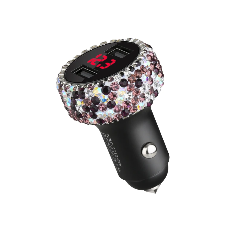 purple car charger Автомобильное зарядное устройство с кристаллами, цифровой дисплей, быстрая зарядка, двойное автомобильное зарядное устройство USB для iPhone, Xiaomi, мобильного телефона - Название цвета: purple car charger