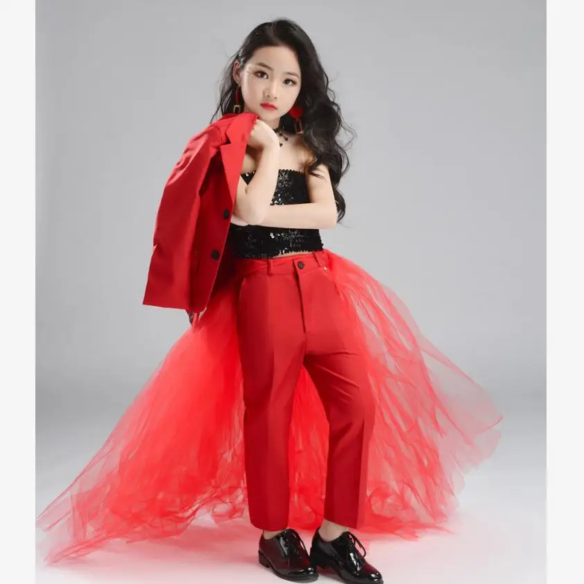 Red Комплекты для детей костюм для свадебной вечеринки, дня рождения блейзер+ брюки+ комплекты с блестками, обмотанными на груди+ со шлейфом детское платье Modis Y1384 - Цвет: Red