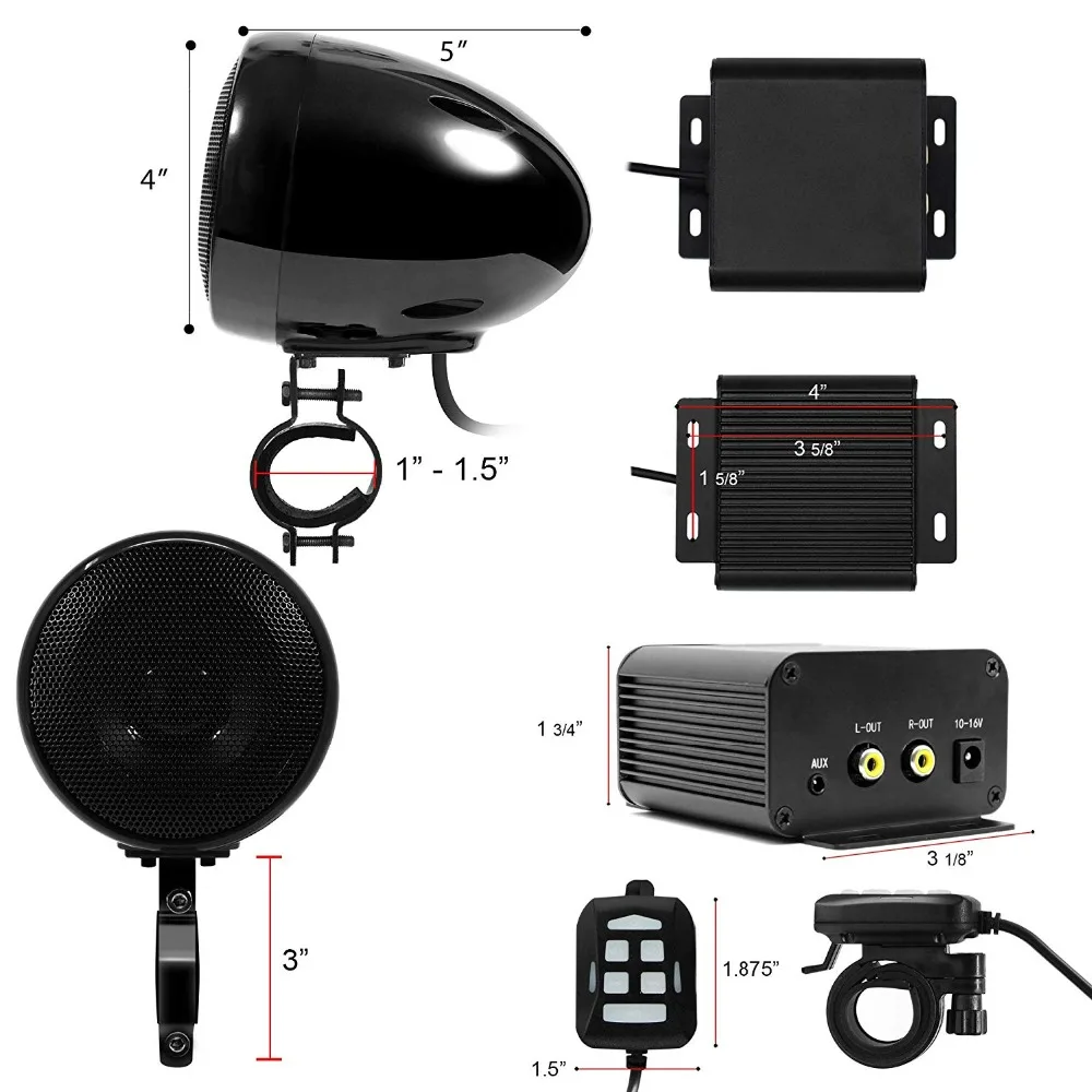 Aileap M150 мотоцикл аудио набор с стерео 2ch усилитель, 4 дюймовые водонепроницаемые колонки, Bluetooth, fm-радио, AUX MP3(черный