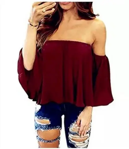 5XL новые женские Топы Мода женская летняя Шифоновая Блузка Сексуальная с открытыми плечами с расклешенными рукавами Повседневная рубашка черный белый плюс размер - Цвет: wine blouse