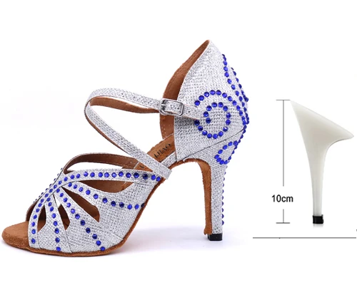 silver heel 10cm WUXIJIAO Женская Латинская танцевальная обувь атласные стразы вечерние танцевальная обувь Сальса Танцевальная обувь Каблук 9 см Золотой/Серебряный цвет мягкая подошва - Цвет: silver heel 10cm