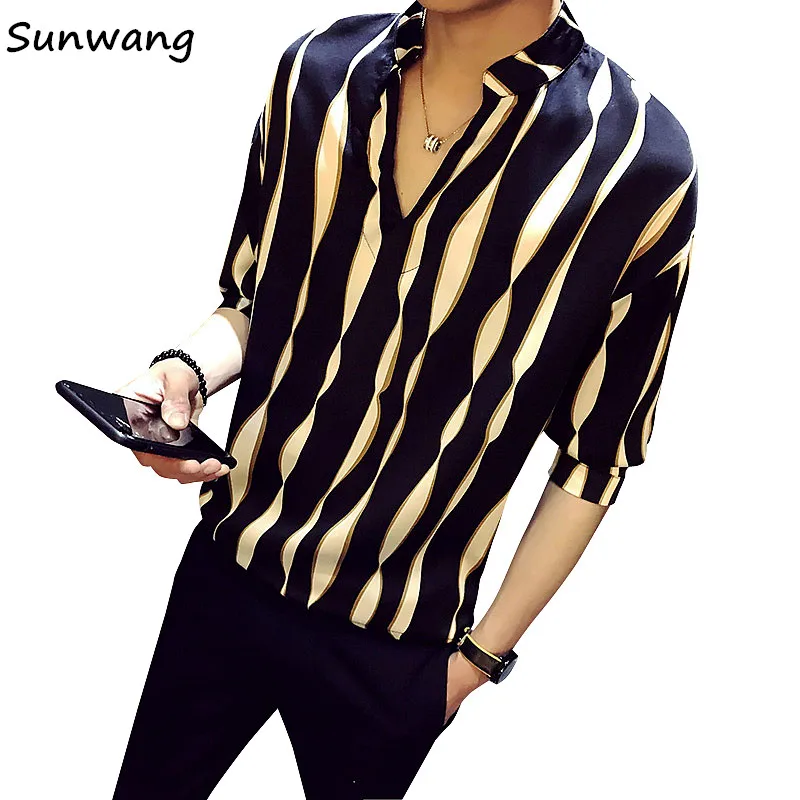 Sunwang мужские рубашки пуловер летние полосатые s Social Camisas Para Hombre v образный вырез