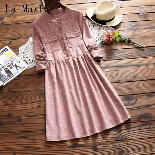 Новинка 2018 весенне осеннее женское винтажное платье клетчатое розовое синее с