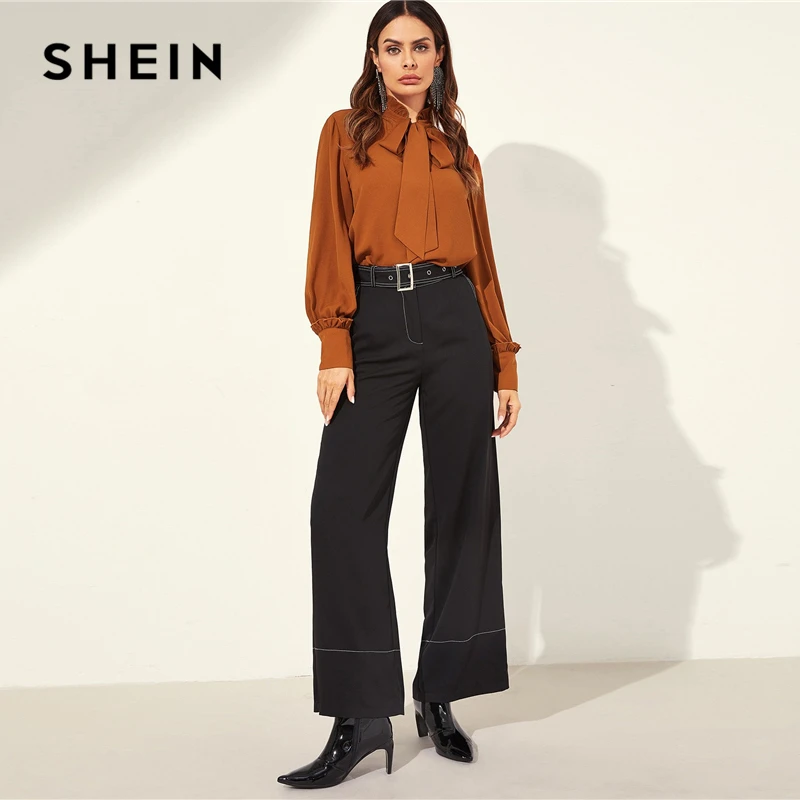 SHEIN Блузка С Завязкой И Складкой Женский Коричневый Осенний Классический Топ С Длинными Рукавами И Стоячим Воротником