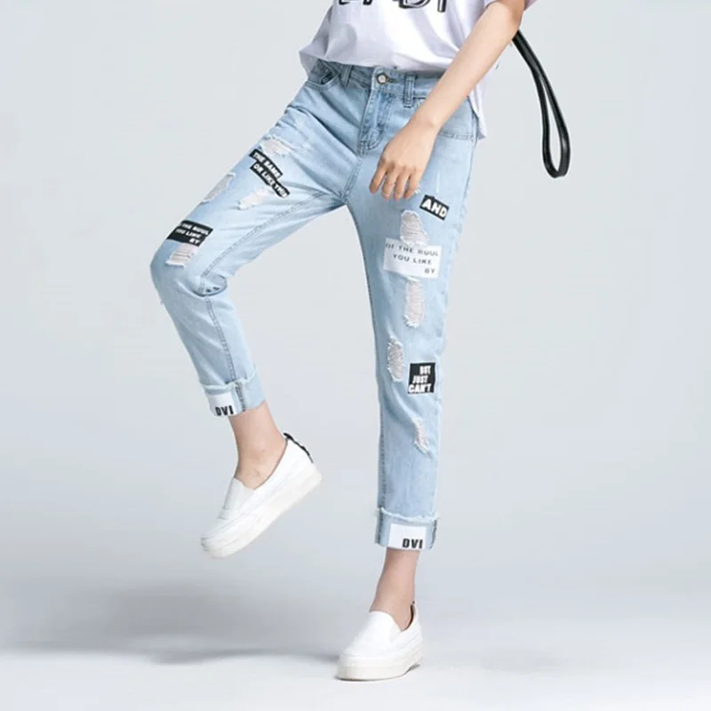 Nvzhuren Лето Письмо печати рваные Для женщин Джинсы для дружок Повседневное