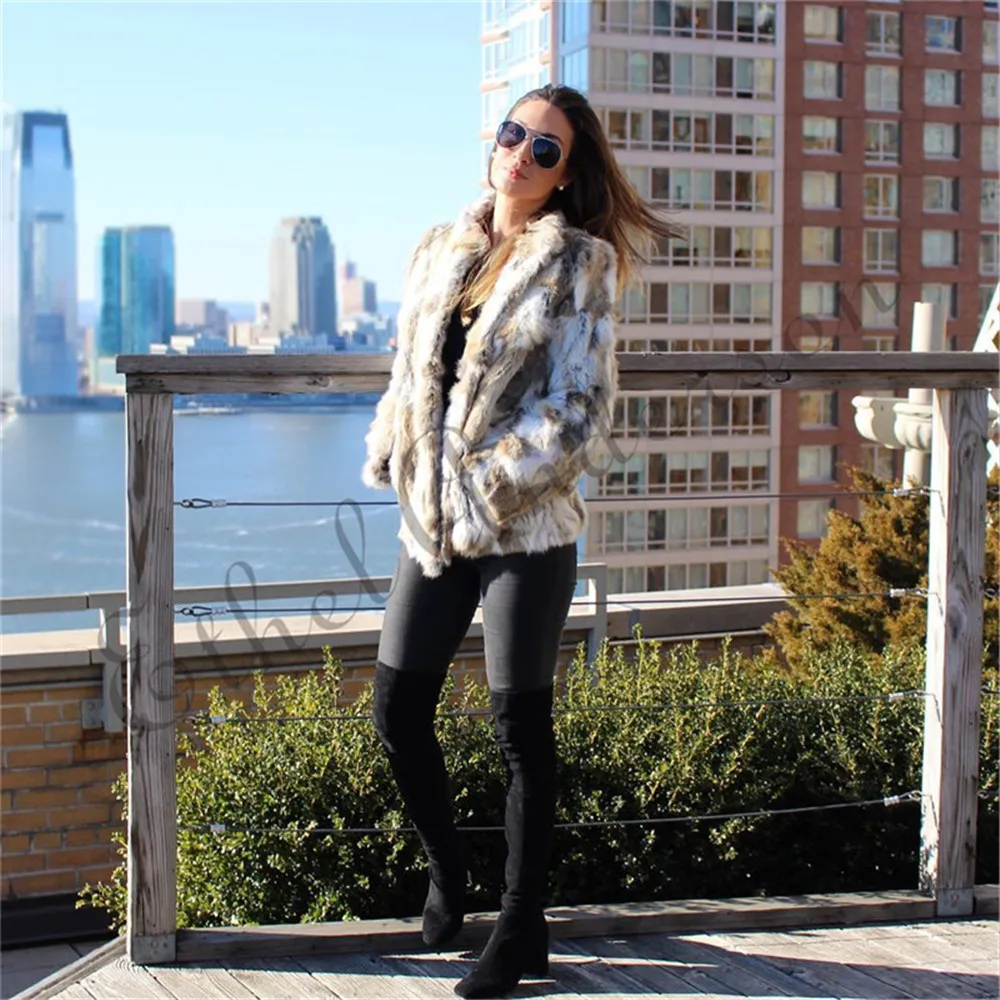 Ethel Anderson Real Farm Rabbit Fur Coat Striped Pattern Full Length Sleeve Coat Hip-Length Outwear